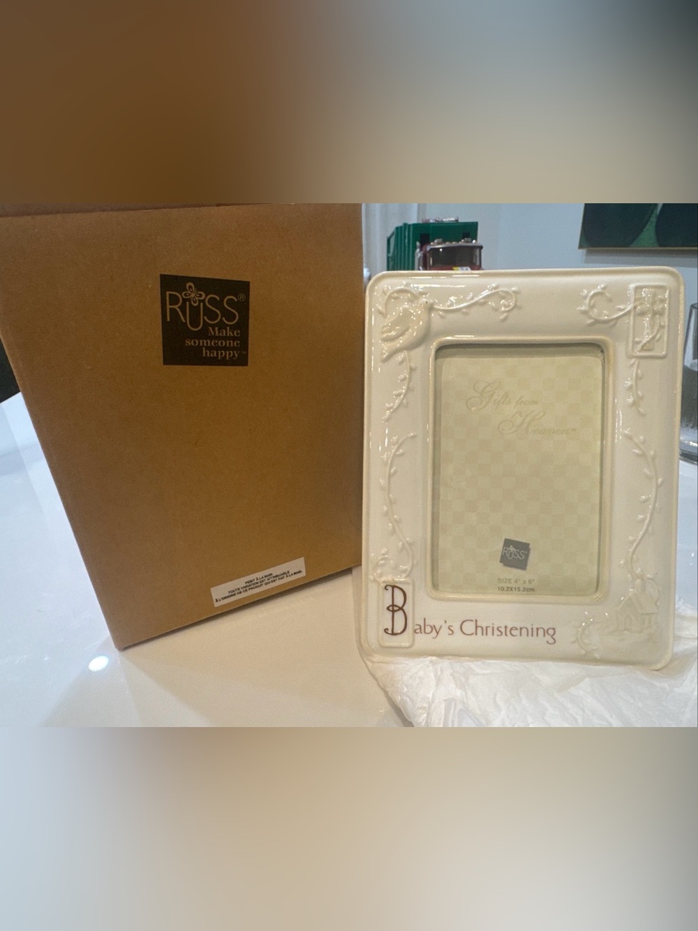 Russ White Porcelain Baby Frame with Embossed Floral Trim. Baptism/Christening